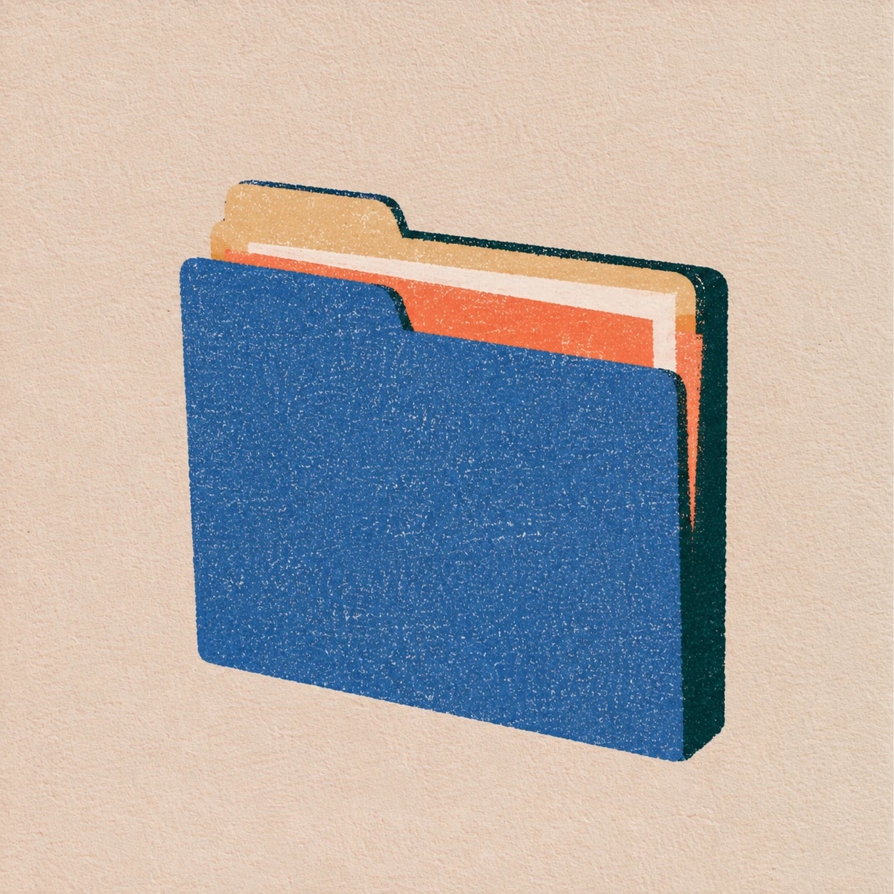 Woodblock-style blue folder with coral and tan folders behind it