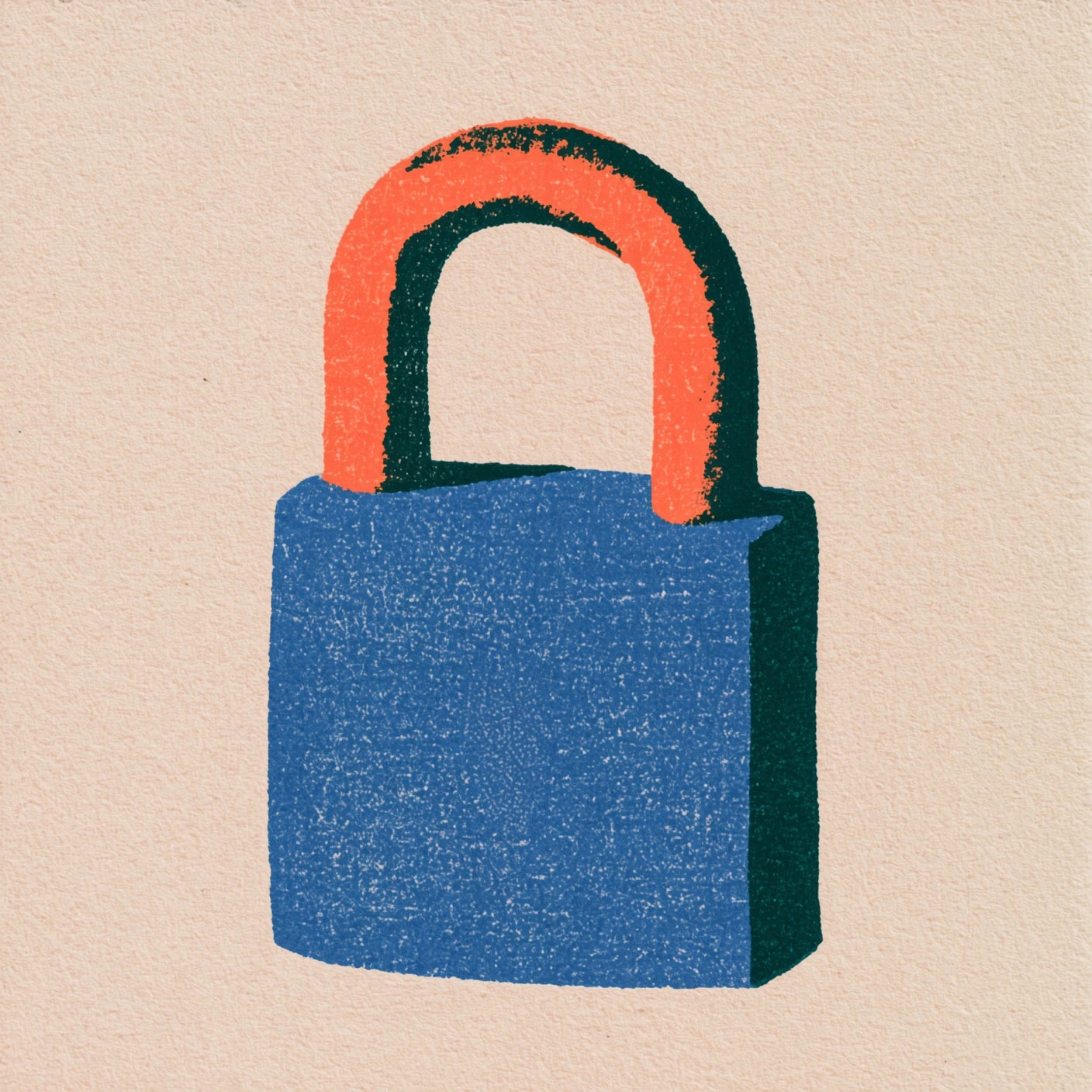 Woodblock-style blue padlock with a coral shackle