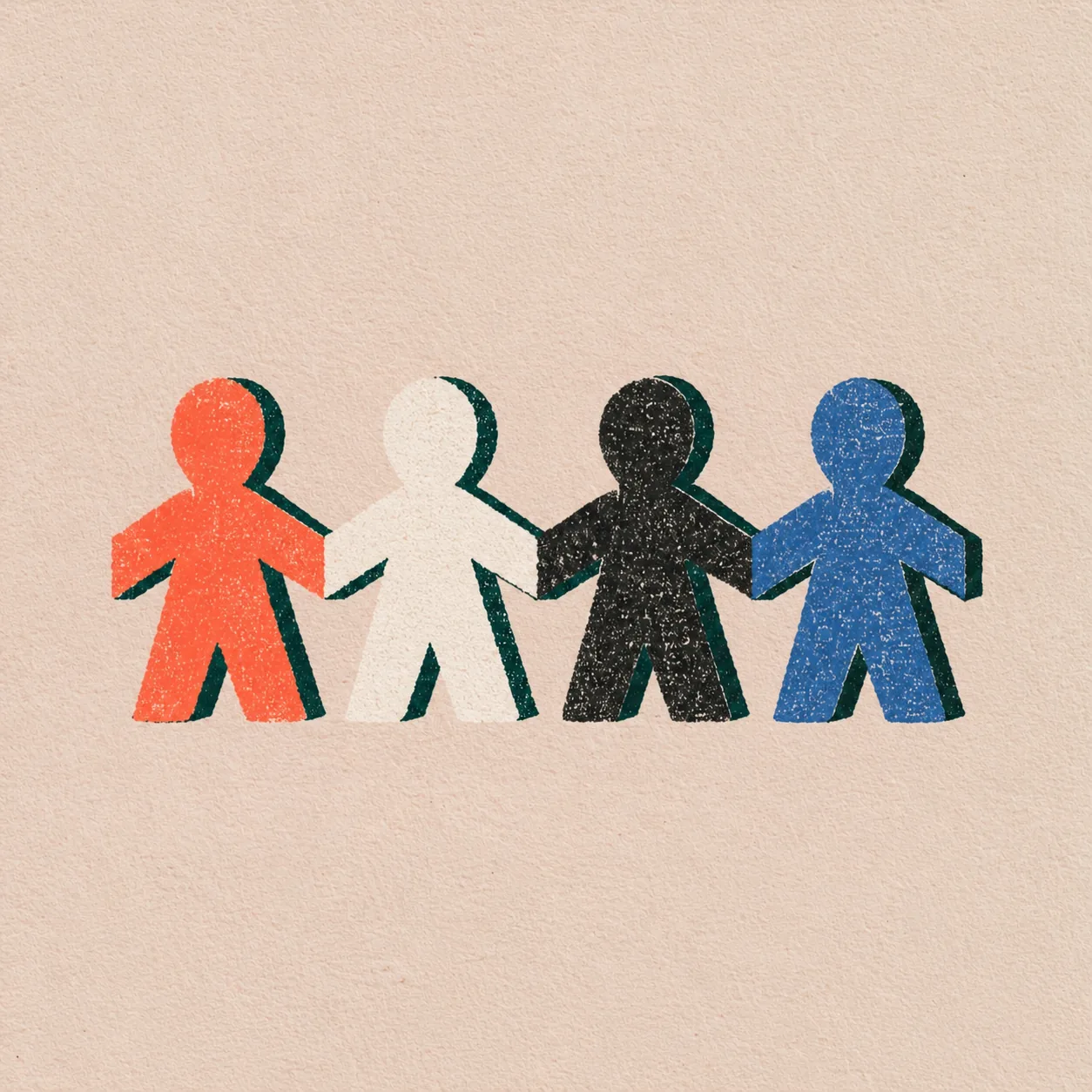 Woodblock-style paper figures in coral, cream, black, and blue holding hands