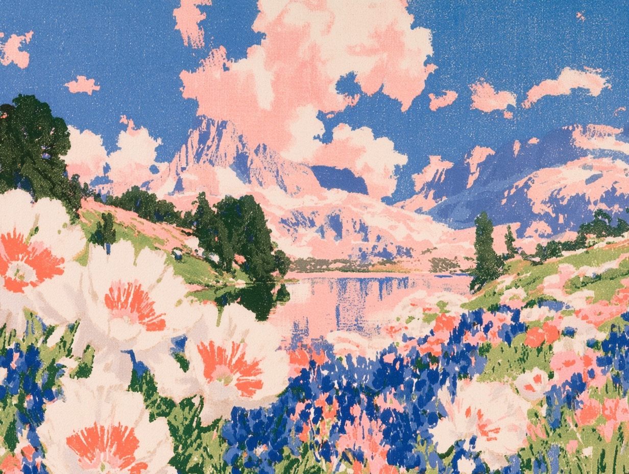 Painted alpine lake surrounded by coral, blue, and cream wildflowers