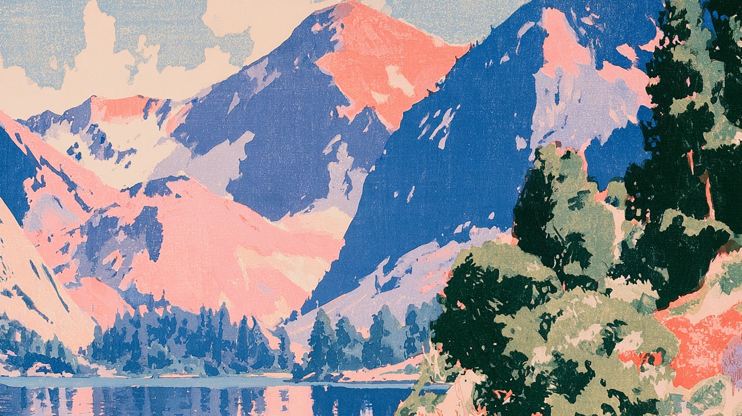 Coral and blue mountains rising above a quiet alpine lake