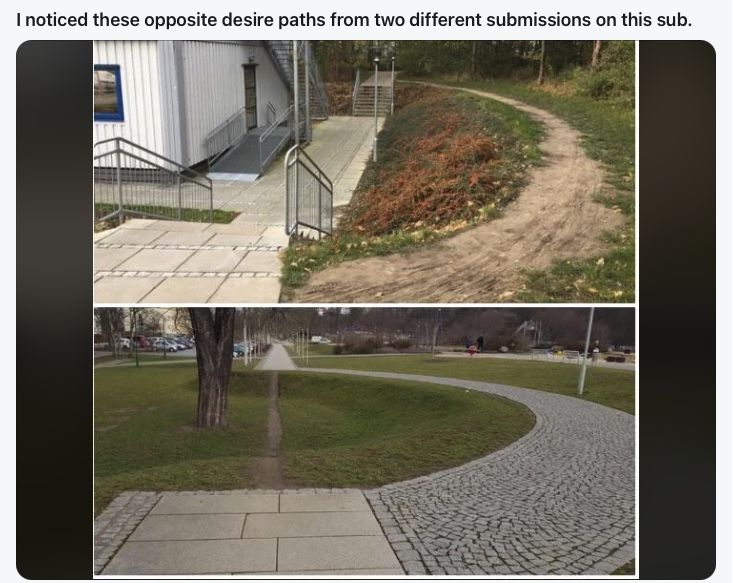 Two opposite desire paths: one cutting a paved corner on a slope, one running straight through a designed curve.