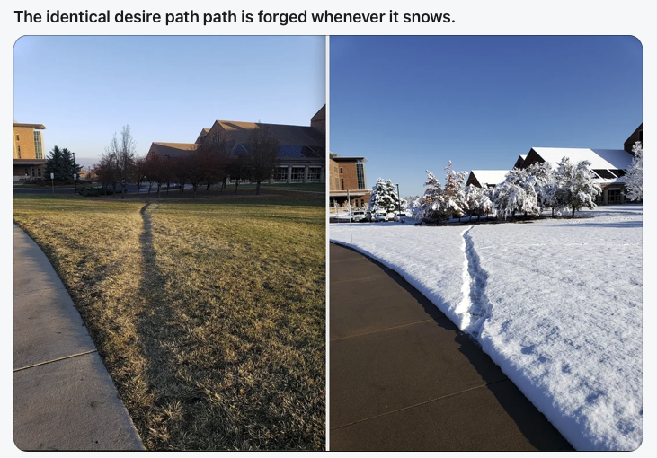 The same diagonal shortcut across a lawn in dry weather and again packed into snow.